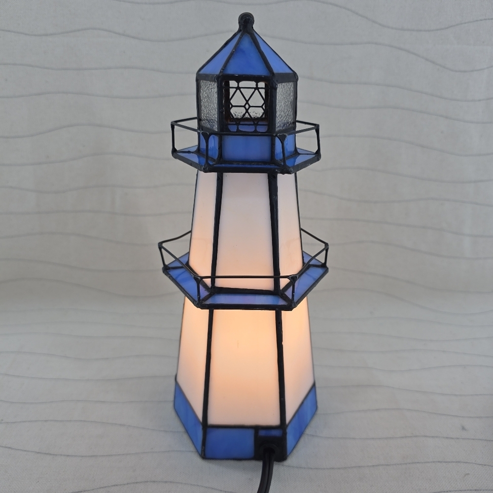 Tiffany Style Stained Glass Nautical Lighthouse Electrical Lamp with Bible Verse - Picture 5 of 11